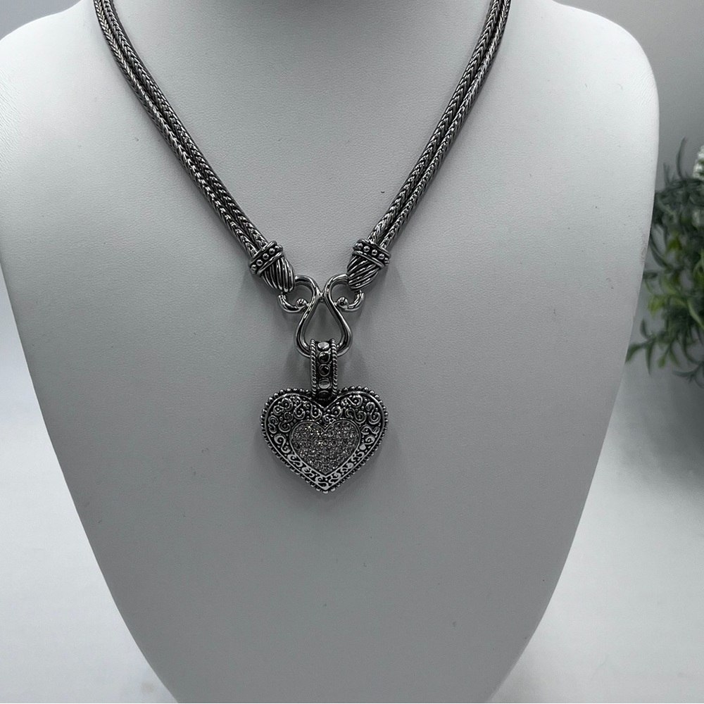 Lia Sophia Couture Love Dust Pave Crystal‎ Heart Charm Silver Tone Necklace